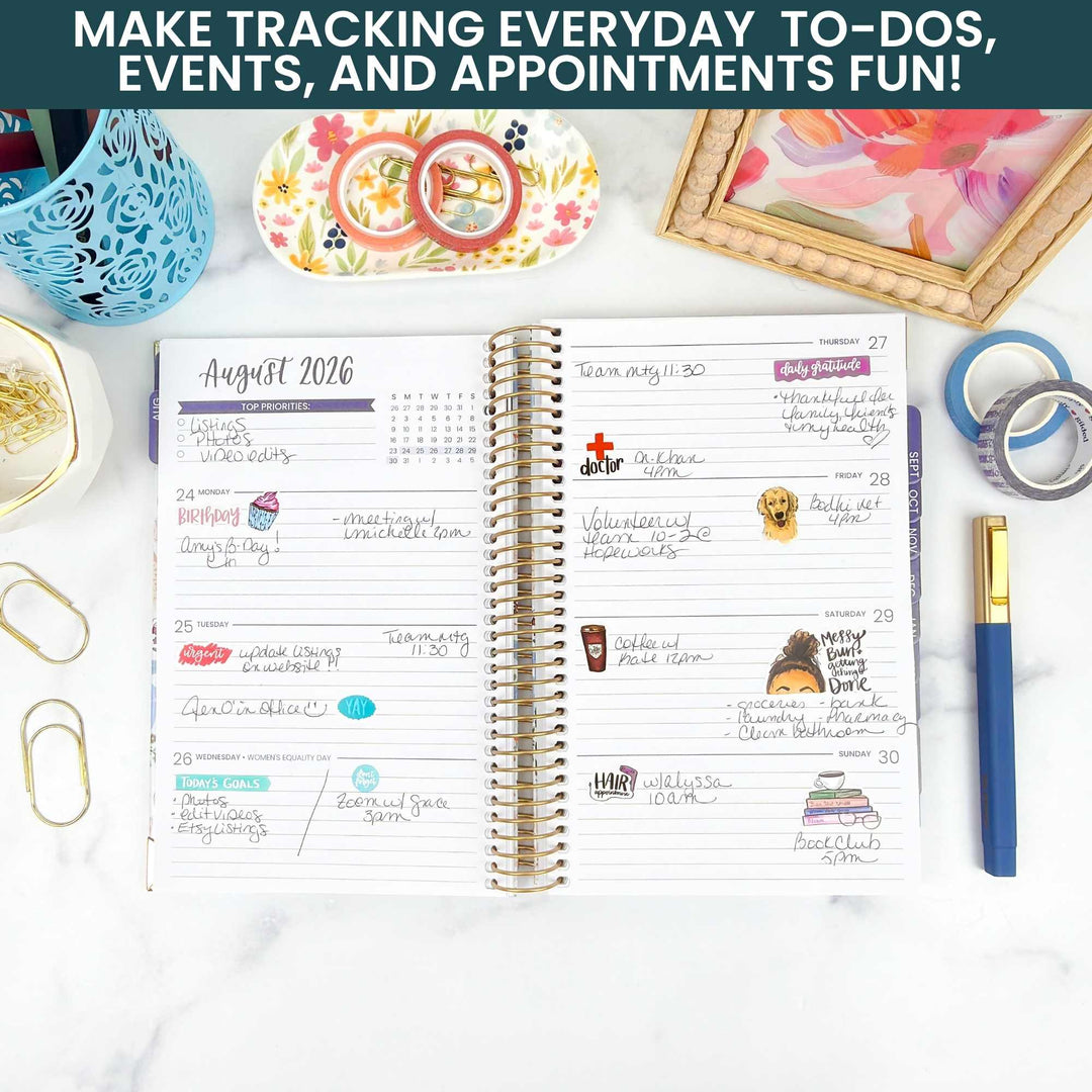 Planner with August 2026 schedule on a desk with stationery items