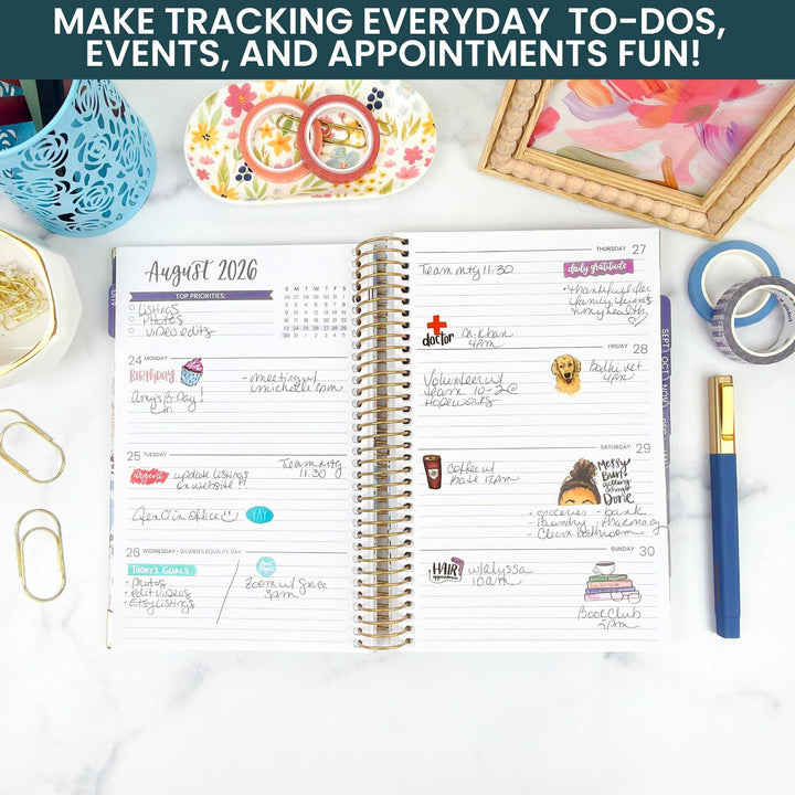 Planner with August 2026 schedule on a desk with stationery items