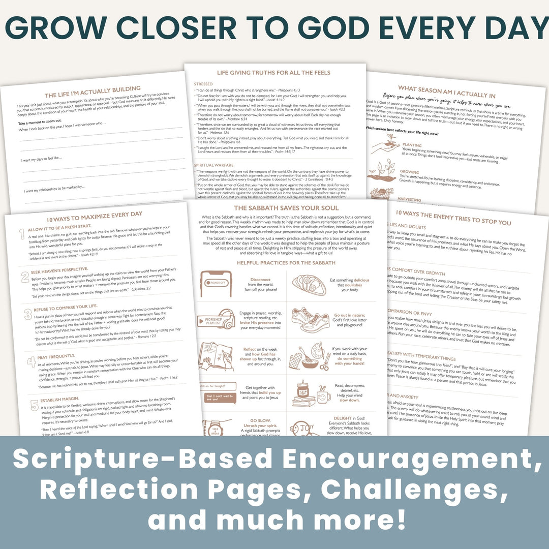 A collage of printed worksheet pages titled with religious reflection and challenge topics, overlaid on a light background with large headline text at the top and a blue banner at the bottom reading 'Scripture-Based Encouragement, Reflection Pages, Challenges, and much more!'.
