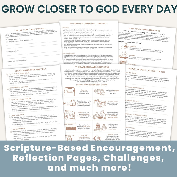 A collage of printed worksheet pages titled with religious reflection and challenge topics, overlaid on a light background with large headline text at the top and a blue banner at the bottom reading 'Scripture-Based Encouragement, Reflection Pages, Challenges, and much more!'.
