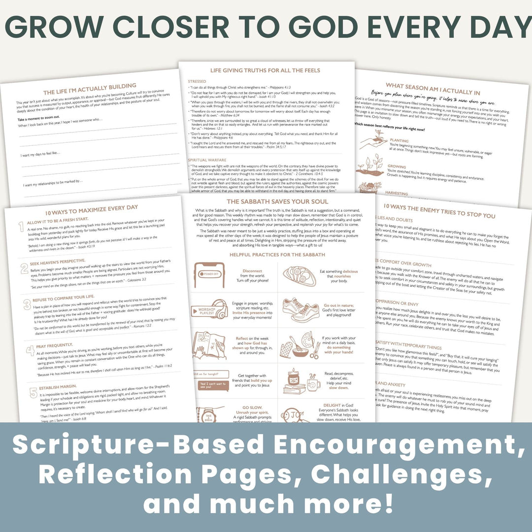 A digital preview of printable scripture-based encouragement and reflection pages, with several white worksheet sheets fanned out over a light gray background. Large text at the top reads 'GROW CLOSER TO GOD EVERY DAY,' and a blue banner at the bottom says 'Scripture-Based Encouragement, Reflection Pages, Challenges, and much more!'.