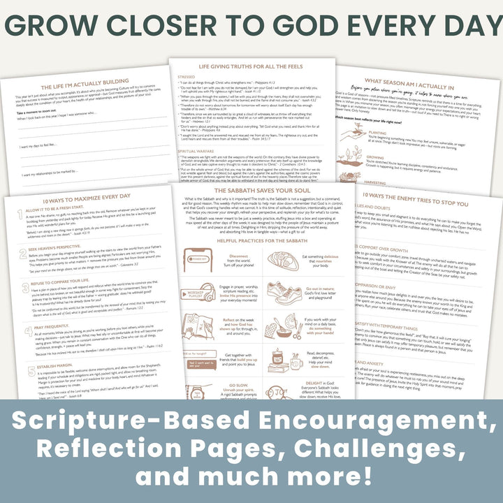 A digital preview of printable scripture-based encouragement and reflection pages, with several white worksheet sheets fanned out over a light gray background. Large text at the top reads 'GROW CLOSER TO GOD EVERY DAY,' and a blue banner at the bottom says 'Scripture-Based Encouragement, Reflection Pages, Challenges, and much more!'.