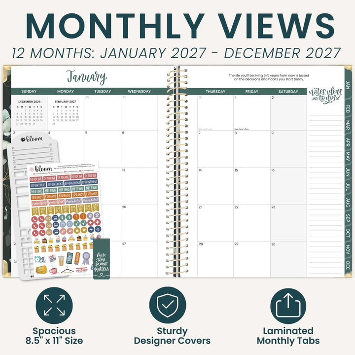 An open spiral-bound monthly planner shown on a light beige background with promotional text. The planner page displays a January calendar layout with weekly grids and decorative headers.