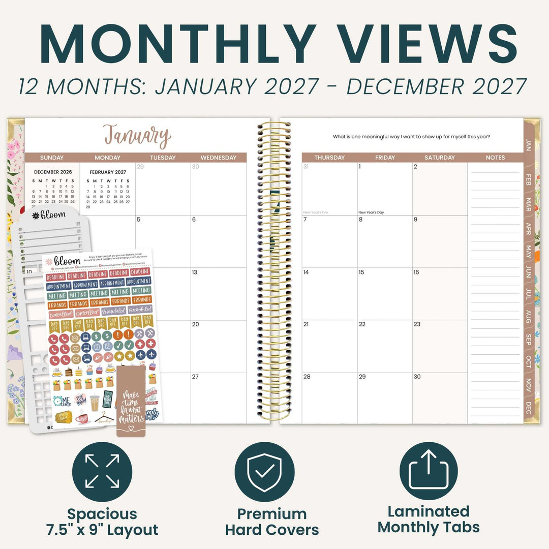 A promotional graphic for a monthly views planner showing an open spiral-bound planner with January 2027 displayed, alongside sticker sheets and three feature icons below. The text at the top reads 'MONTHLY VIEWS 12 MONTHS: JANUARY 2027 - DECEMBER 2027'.