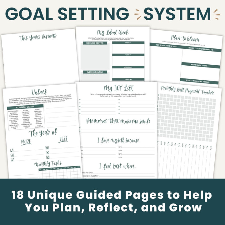 A promotional collage for a goal-setting planner system, showing multiple printed worksheet pages with headings like 'Goal Setting System,' 'This Year's Vision,' 'My Ideal Week,' 'Plan to Blossom,' 'Values,' 'The Year of Me,' 'Memories that make me smile,' 'My JOY List,' and 'Monthly Bill Payment Tracker.' Large text at the bottom reads '18 Unique Guided Pages to Help You Plan, Reflect, and Grow.