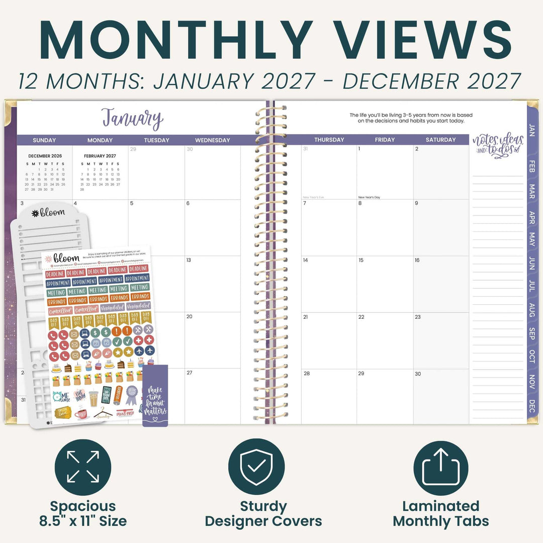 A planner product mockup showing an open monthly view planner with a January calendar spread, decorative purple headers, and several colorful sticker sheets on the left. Large text at the top reads 'MONTHLY VIEWS' and '12 MONTHS: JANUARY 2027 - DECEMBER 2027,' with feature callouts at the bottom about spacious 8.