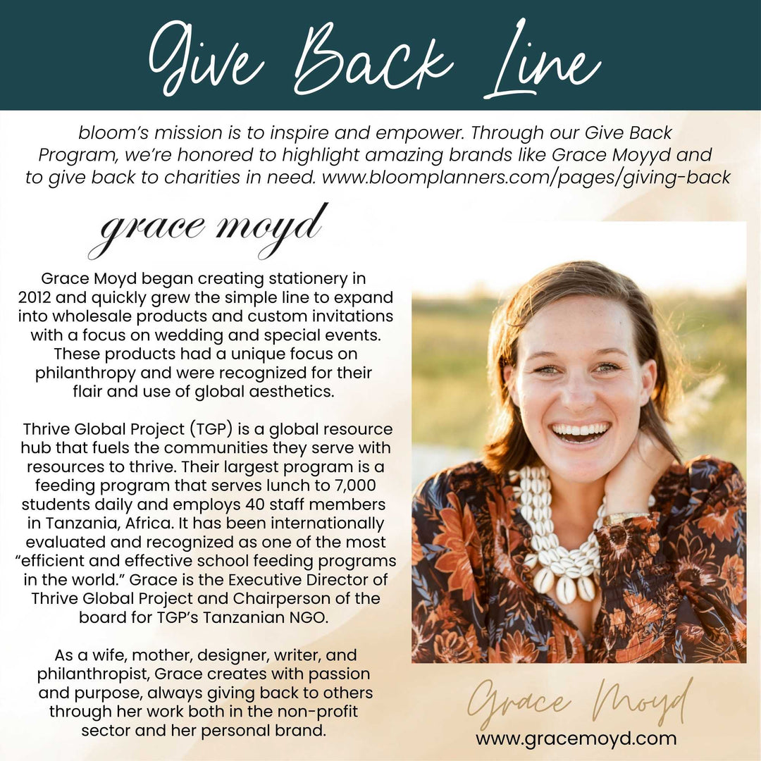 Promotional graphic for Grace Moyd featuring text about her mission and work with Thrive Global Project.