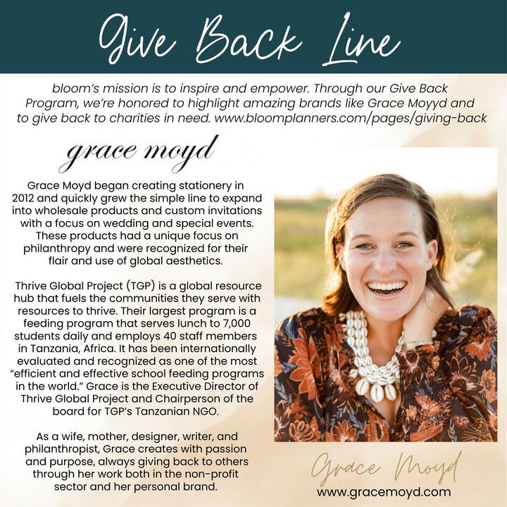 Promotional graphic for Grace Moyd featuring text about her mission and work with Thrive Global Project.