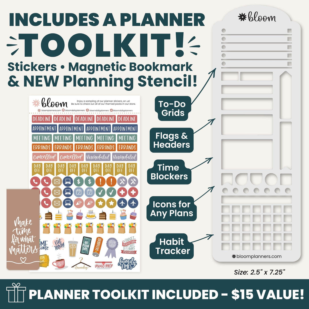 Promotional graphic for a Bloom planner toolkit, showing a large white planner stencil on the right, a sheet of colorful stickers on the left, and callout labels pointing to included features: to-do grids, flags and headers, time blockers, icons for any plans, and habit tracker. Text at the top says the kit includes a planner toolkit, stickers, magnetic bookmark, and new planning stencil.
