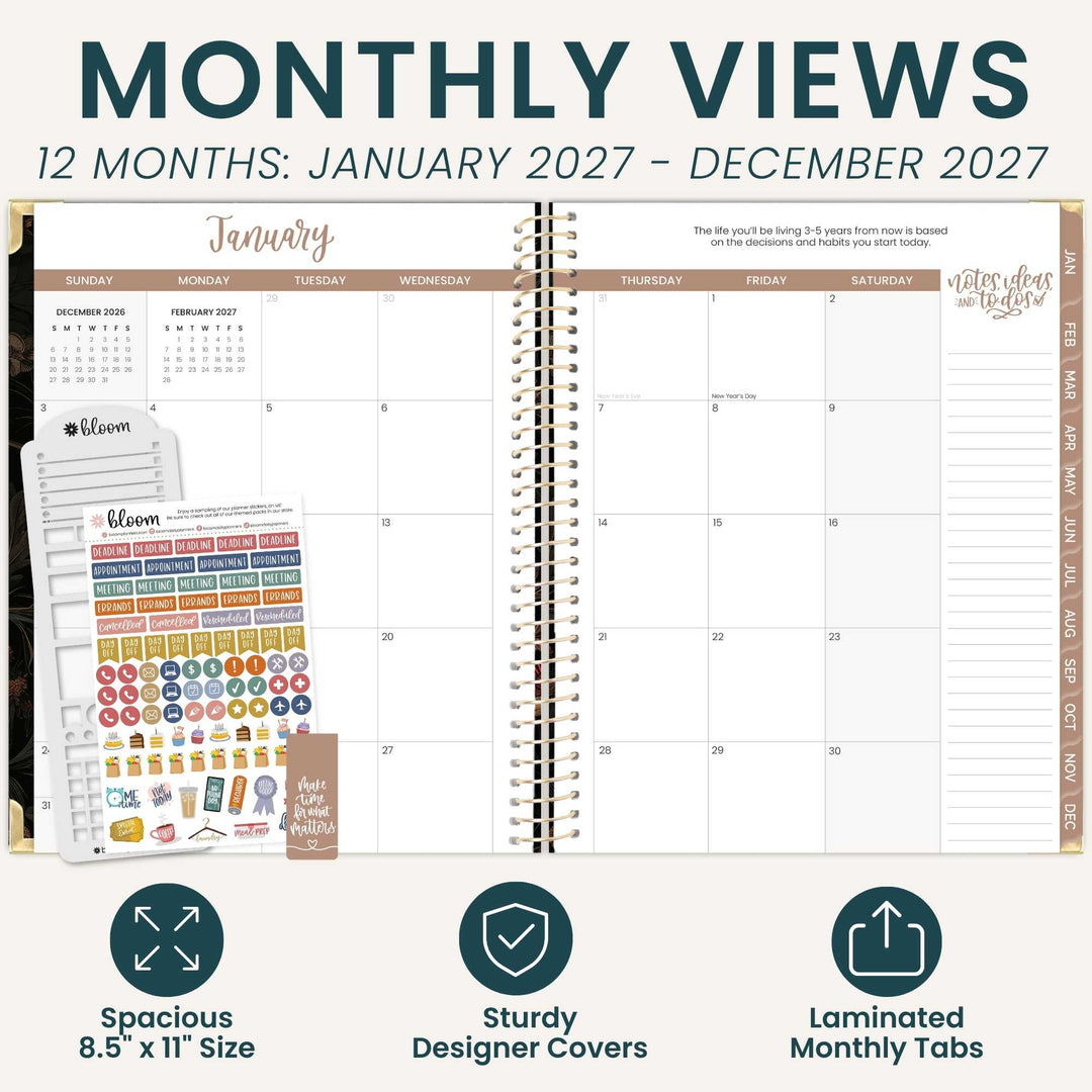 A planner promotional graphic showing an open monthly view planner with a January calendar spread, decorative text reading 'MONTHLY VIEWS' and '12 MONTHS: JANUARY 2027 - DECEMBER 2027,' a stack of planner tabs on the left, and three feature callouts at the bottom about size, durability, and laminated tabs.