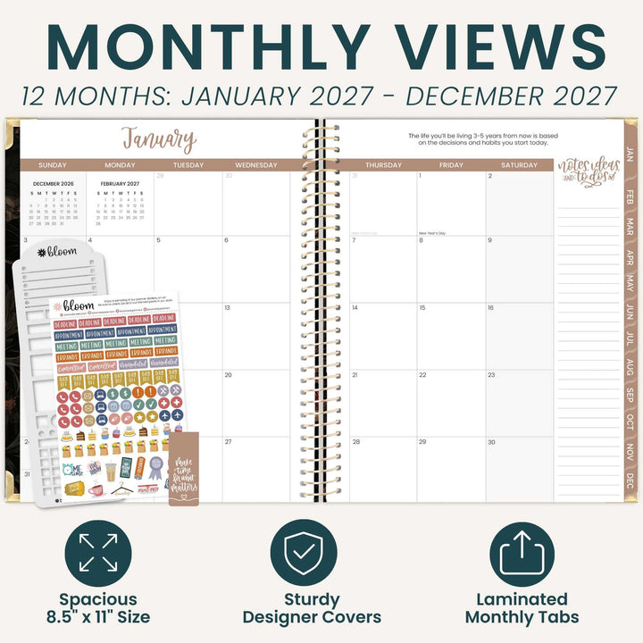 A planner promotional graphic showing an open monthly view planner with a January calendar spread, decorative text reading 'MONTHLY VIEWS' and '12 MONTHS: JANUARY 2027 - DECEMBER 2027,' a stack of planner tabs on the left, and three feature callouts at the bottom about size, durability, and laminated tabs.