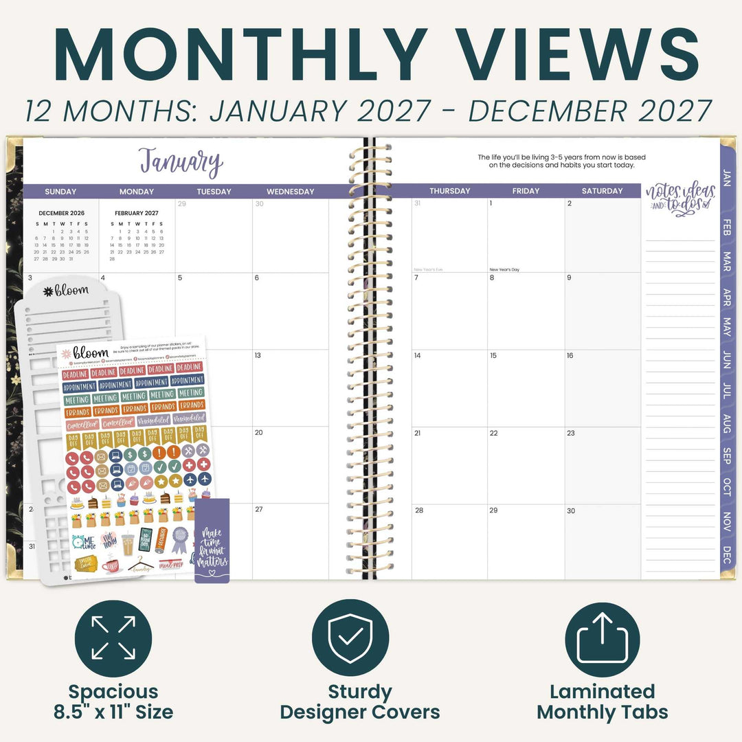 A promotional graphic for a monthly planner set showing an open spiral-bound planner page labeled January, a stack of planner covers, and a sheet of colorful planner stickers. Large text at the top reads 'MONTHLY VIEWS' and '12 MONTHS: JANUARY 2027 - DECEMBER 2027,' with feature callouts at the bottom about spacious 8.