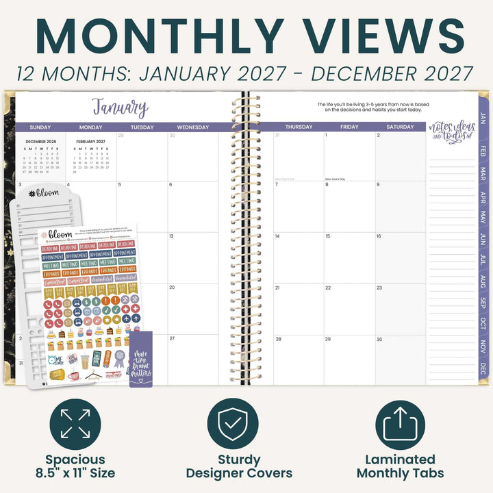 A promotional graphic for a monthly planner set showing an open spiral-bound planner page labeled January, a stack of planner covers, and a sheet of colorful planner stickers. Large text at the top reads 'MONTHLY VIEWS' and '12 MONTHS: JANUARY 2027 - DECEMBER 2027,' with feature callouts at the bottom about spacious 8.