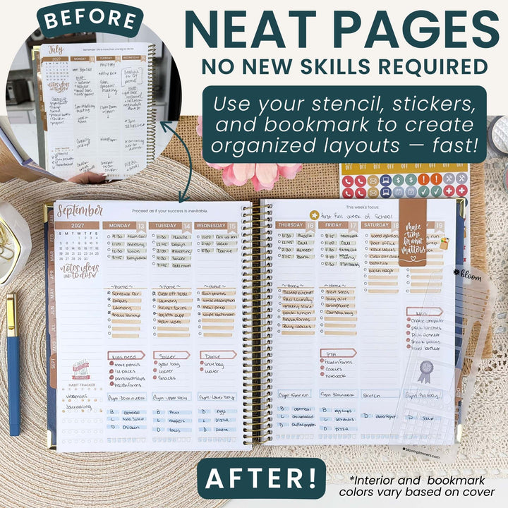 A promotional graphic for a planner sticker set showing a before-and-after comparison of a spiral-bound planner. The top left inset shows a hand holding a planner with handwritten notes and stickers, labeled 'BEFORE.