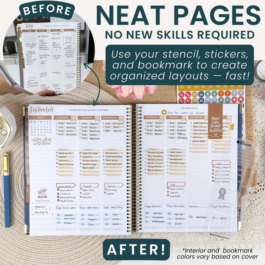 A promotional graphic for a planner sticker set showing a before-and-after comparison of a spiral-bound planner. The top left inset shows a hand holding a planner with handwritten notes and stickers, labeled 'BEFORE.