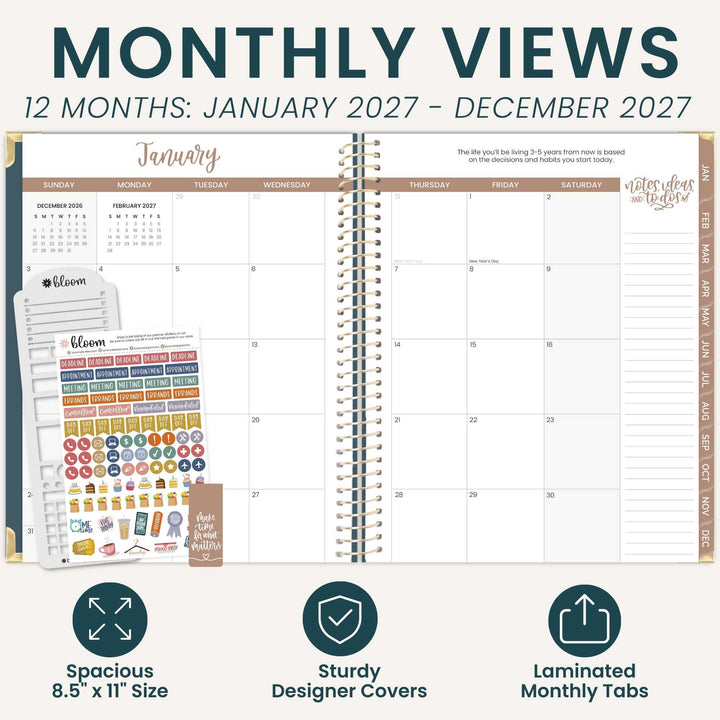 A planner promotional graphic showing an open monthly view planner spread with a January calendar page, decorative text reading 'MONTHLY VIEWS' and '12 MONTHS: JANUARY 2027 - DECEMBER 2027,' a stack of sticker sheets, and three feature callouts at the bottom for size, durability, and laminated tabs.
