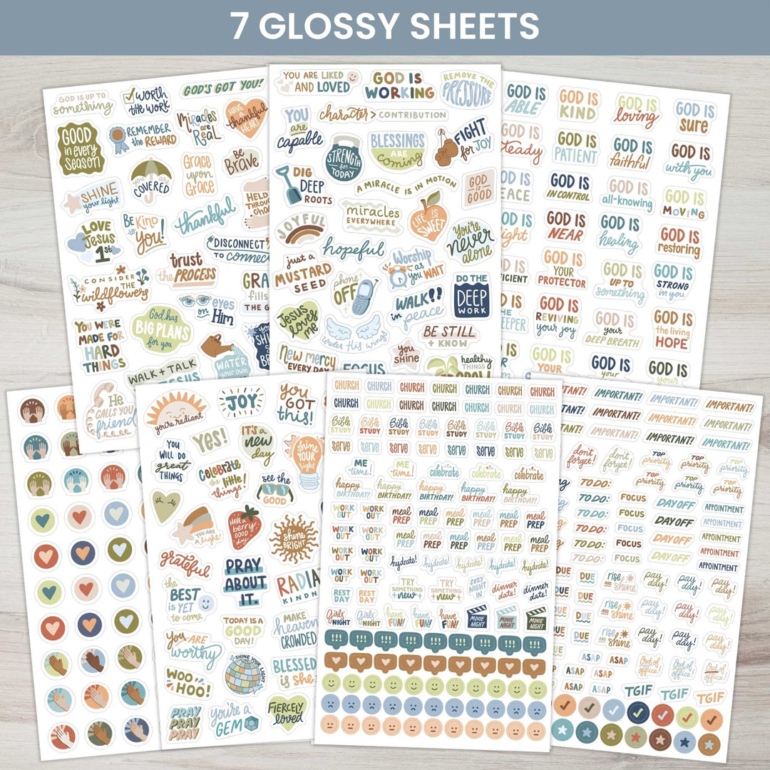 A mock up of seven of the sticker pages calling out that 7 of the 8 sheets have a glossy finish. 