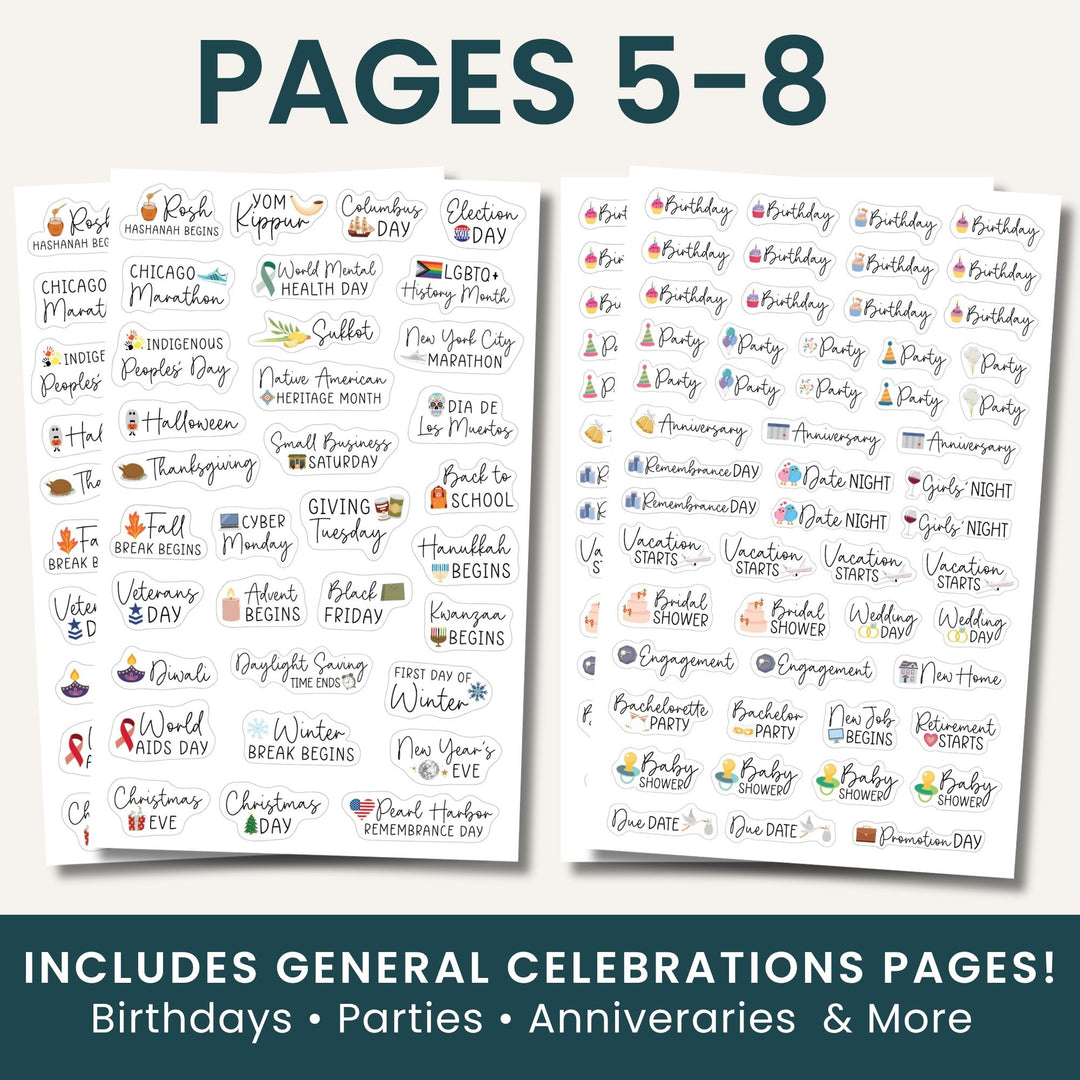 Celebration sticker sheets for monthly and weekly planning, Pages 5–8, includes general celebrations.