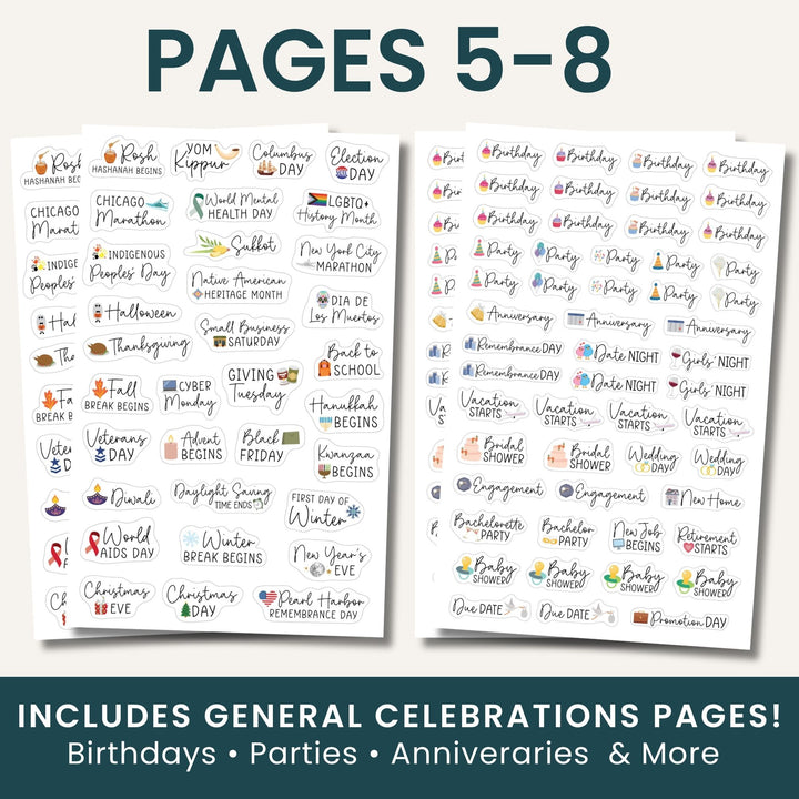 Celebration sticker sheets for monthly and weekly planning, Pages 5–8, includes general celebrations.