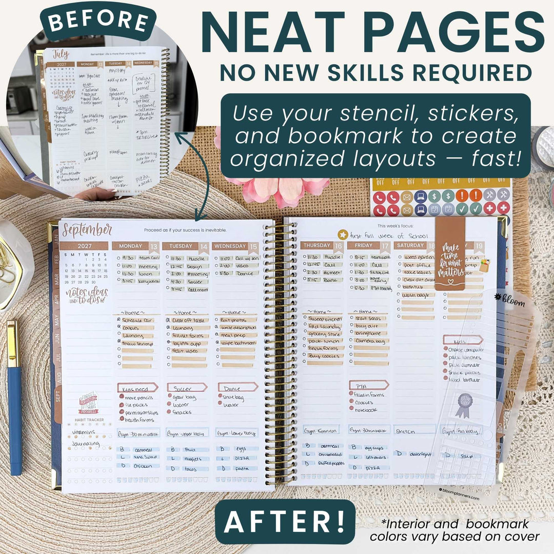 A promotional graphic for a planner sticker set showing a before-and-after comparison of a spiral-bound planner. The top left inset shows a hand holding a planner with handwritten notes and stickers, labeled 'BEFORE.