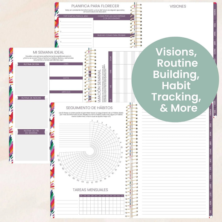 Planner with habit tracking and routine building sections on a light background