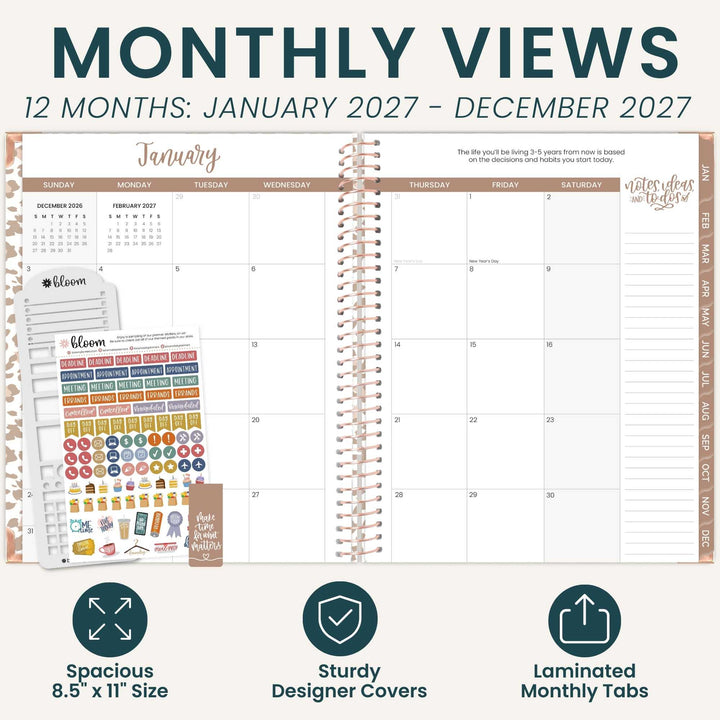 A promotional graphic for a laminated monthly planner view. The main subject is an open spiral-bound monthly calendar page showing January 2027 with columns for Sunday through Saturday and a blank view page on the right.