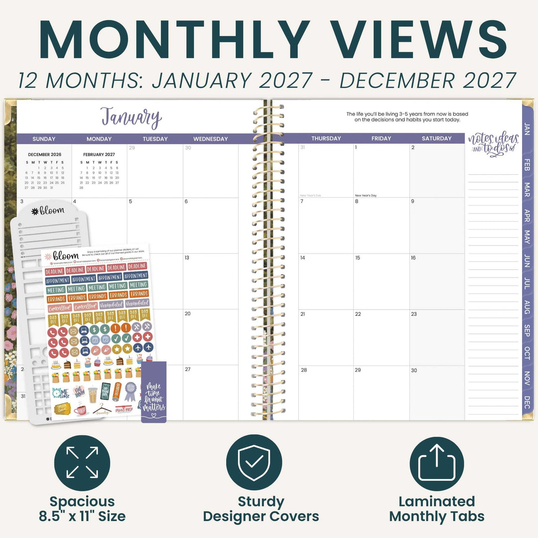A promotional graphic for a monthly planner showing a spiral-bound planner page spread with a January calendar, decorative planner stickers on the left, and marketing text reading 'MONTHLY VIEWS' and feature callouts for spacious 8.5 x 11 size, sturdy designer covers, and laminated monthly tabs.