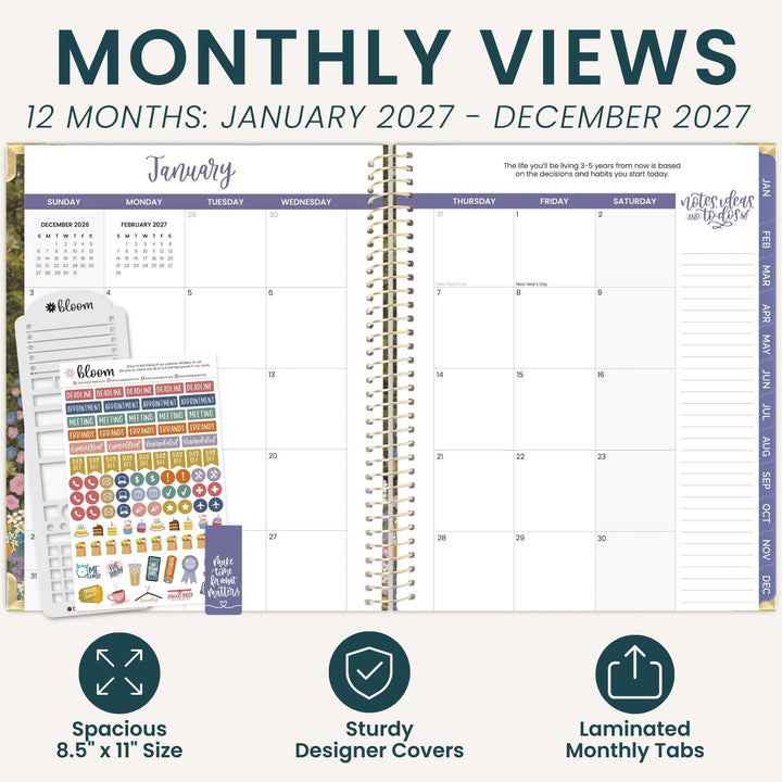 A promotional graphic for a monthly planner showing a spiral-bound planner page spread with a January calendar, decorative planner stickers on the left, and marketing text reading 'MONTHLY VIEWS' and feature callouts for spacious 8.5 x 11 size, sturdy designer covers, and laminated monthly tabs.