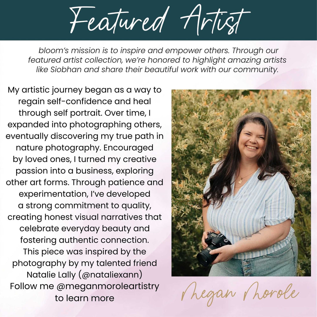 Text about a featured artist with a photo of a woman holding a camera in nature.