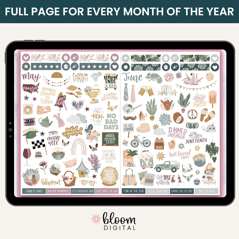 Digital Planner Stickers, Monthly Celebrations, Cool Tones