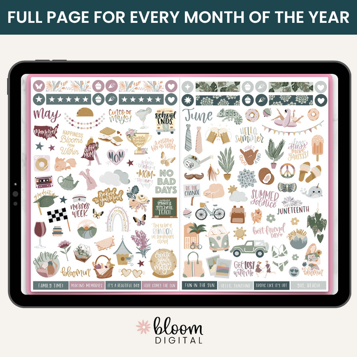 Digital Planner Stickers, Monthly Celebrations, Cool Tones