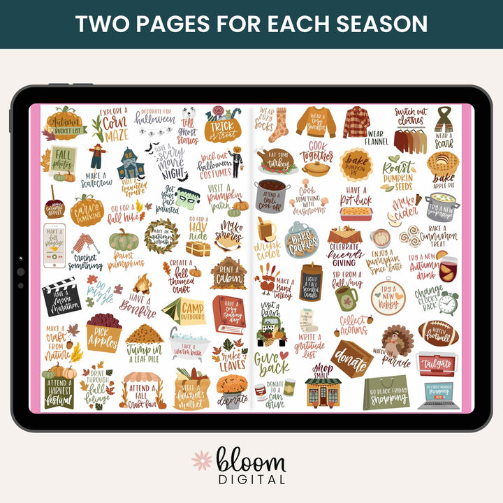 Digital Planner Stickers, Seasonal Bucket Lists