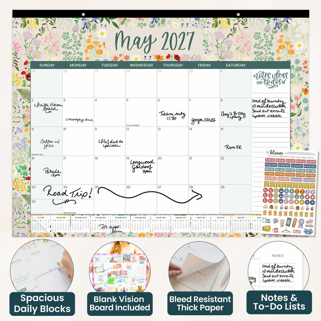 Floral-themed calendar for May 2027 with daily blocks, vision board, and notes included.