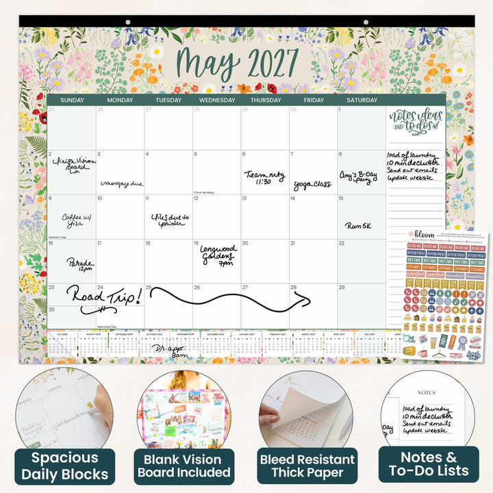Floral-themed calendar for May 2027 with daily blocks, vision board, and notes included.