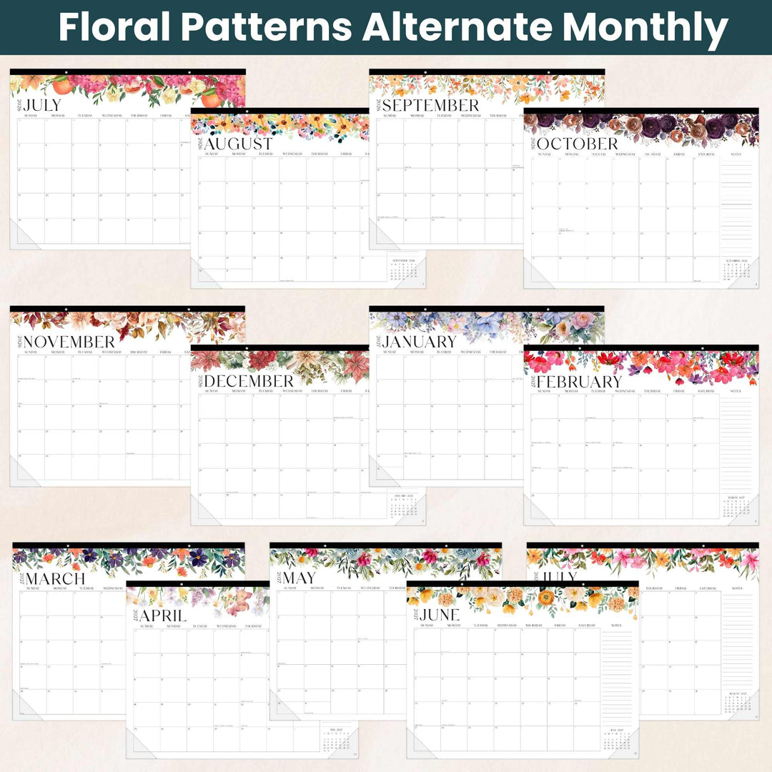 Floral patterned monthly calendar sheets arranged in a grid.