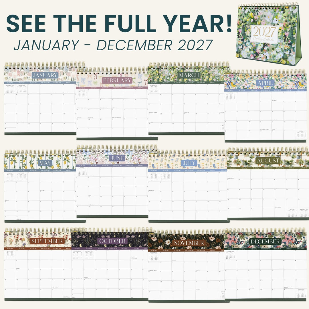 All 12 unique monthly designs for the 2027 bloom Standing Desk Calendar.