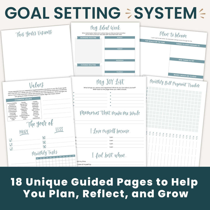 A promotional graphic for a goal-setting system showing multiple printable planner pages arranged on a dark teal background. The pages include sections for goals, values, a joy list, a year plan, monthly tasks, and a bill payment tracker.
