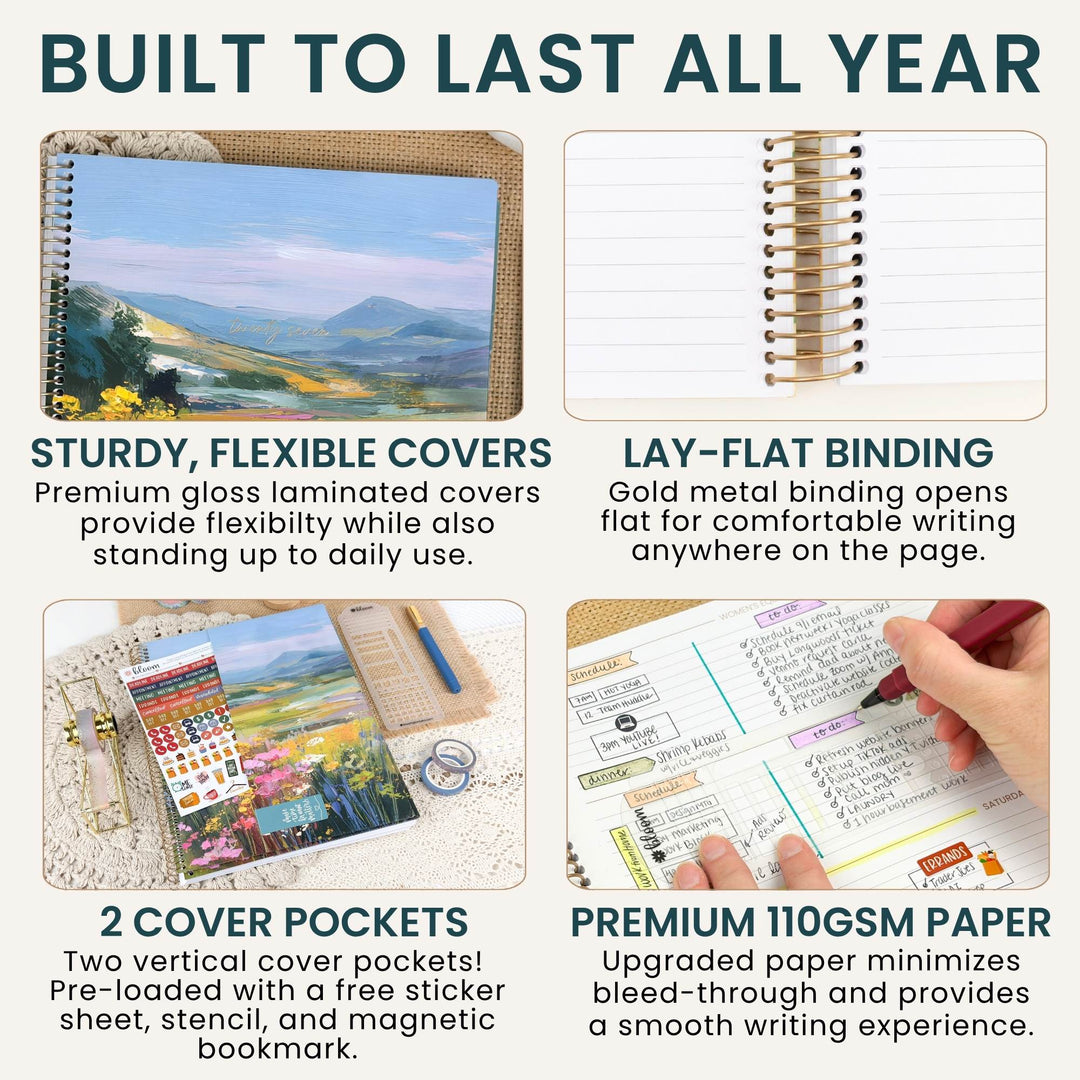 A 2x2 infographic detailing the features of a notebook planner, with the headline 'BUILT TO LAST ALL YEAR' at the top. The features shown are: 'STURDY, FLEXIBLE COVERS' showing a landscape notebook cover, 'LAY-FLAT BINDING' showing a gold spiral binding, '2 COVER POCKETS' showing a pocket notebook with stickers and a compass, and 'PREMIUM 110GSM PAPER' showing a hand writing in a lined notebook.