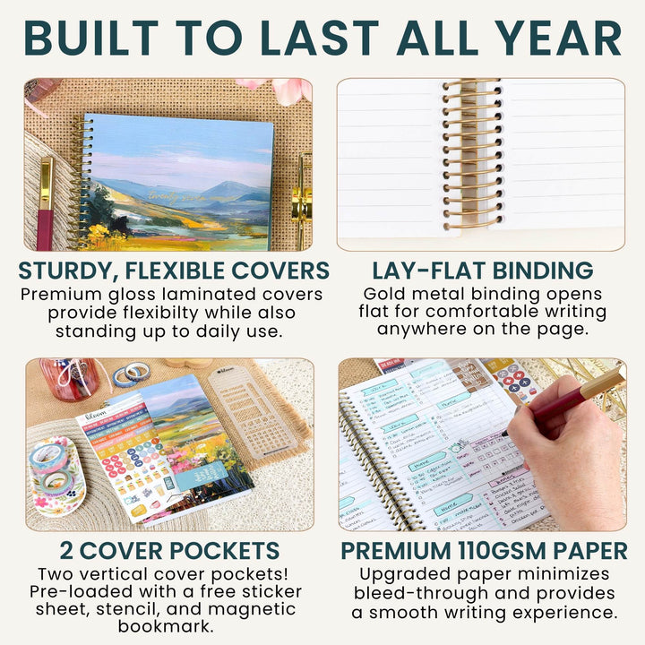A 2x2 infographic showing the features of a spiral notebook: 'Built to Last All Year' with four panels demonstrating a sturdy flexible cover, gold metal lay-flat binding, two cover pockets with a free sticker sheet, and premium 110 GSM paper.