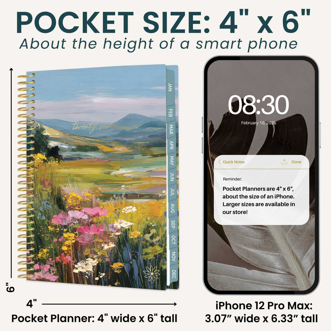 Pocket planner with scenic design next to an iPhone 12 Pro Max showing size comparison.