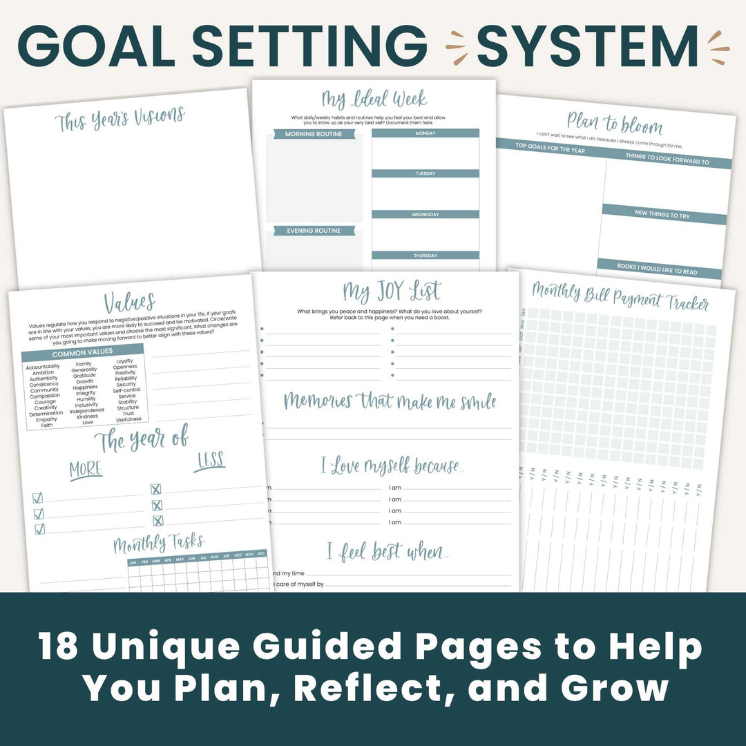 A promotional graphic for a goal-setting system showing multiple printable planner pages arranged on a dark teal background. The pages include sections for goals, values, a joy list, a year plan, monthly tasks, and a bill payment tracker.