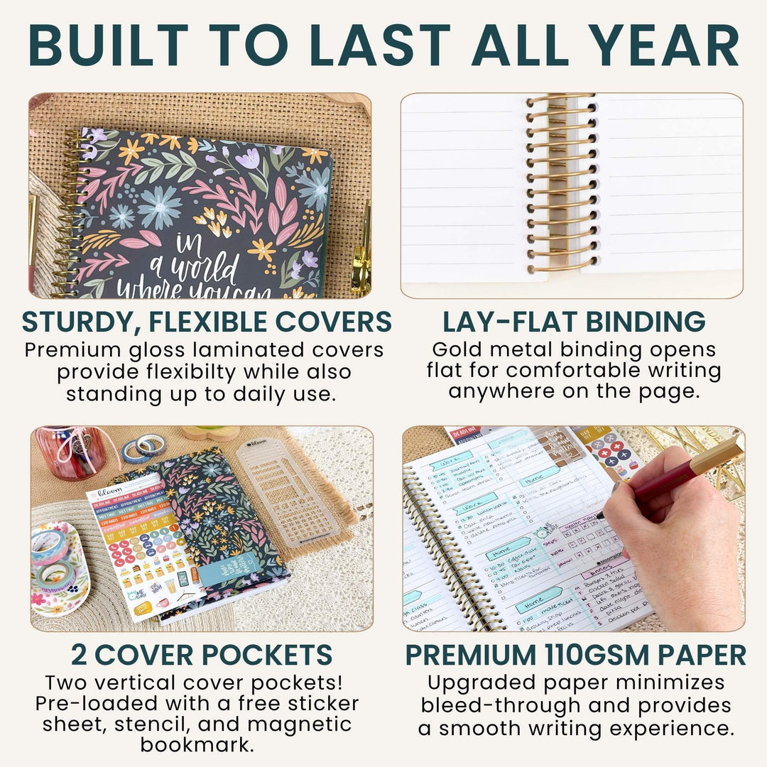 A 2x2 promotional infographic for a planner cover set, with the headline 'BUILT TO LAST ALL YEAR' at the top. The four panels show the cover in use: one floral-patterned cover on a desk, one open spiral notebook with gold binding, one hand writing in a planner, and one close-up of a sticker sheet and pen.