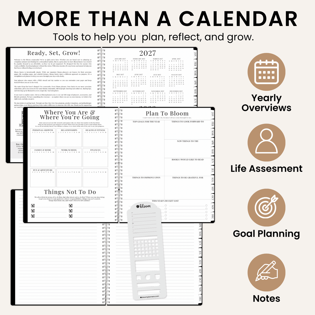 An open planner shown with several interior pages and a calculator insert, plus large marketing text reading 'MORE THAN A CALENDAR' and feature icons for yearly overviews, life assessment, goal planning, and notes on a light beige background.