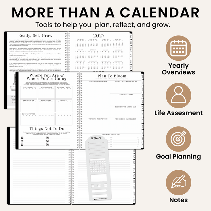 An open planner shown with several interior pages and a calculator insert, plus large marketing text reading 'MORE THAN A CALENDAR' and feature icons for yearly overviews, life assessment, goal planning, and notes on a light beige background.