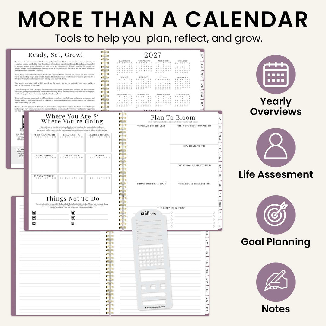 Purple planner pages showing weekly layout, goal planning, notes, and yearly overviews