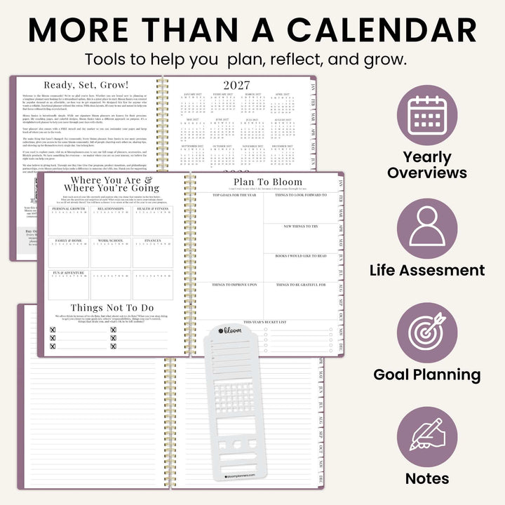 Purple planner pages showing weekly layout, goal planning, notes, and yearly overviews