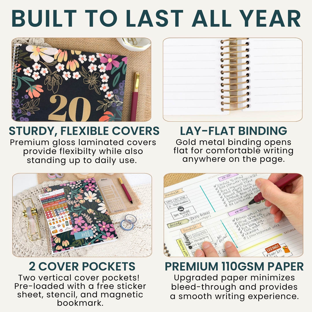 A promotional infographic for a planner or notebook with the headline 'BUILT TO LAST ALL YEAR.' The layout shows four panels: a floral-covered notebook with a gold '20' cover, a spiral-bound notebook page, a planner setup with sticker sheets and a pen in a cover pocket, and a close-up of lined paper with a hand writing.
