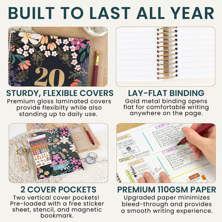 A promotional infographic for a planner or notebook with the headline 'BUILT TO LAST ALL YEAR.' The layout shows four panels: a floral-covered notebook with a gold '20' cover, a spiral-bound notebook page, a planner setup with sticker sheets and a pen in a cover pocket, and a close-up of lined paper with a hand writing.