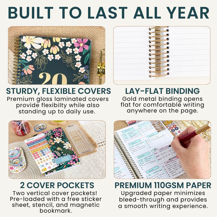 A 2x2 promotional infographic for a planner notebook set, titled 'BUILT TO LAST ALL YEAR.' The top-left panel shows a floral-covered notebook with a gold number 20 cover; the top-right panel shows an open spiral-bound notebook page with gold metal binding; the bottom-left panel shows two cover pockets with stickers and pens; the bottom-right panel shows a hand writing in a notebook with premium paper.