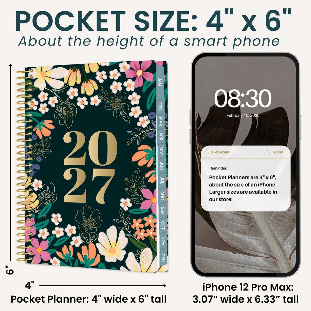 Mockup showing a 4 x 6 pocket planner next to an iphone to show the small size.